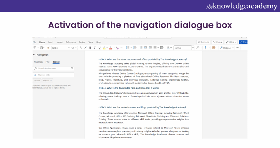 Activation of the navigation dialogue box