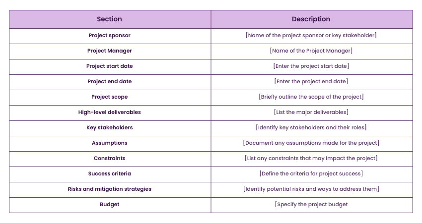 Project Charter Template Example 