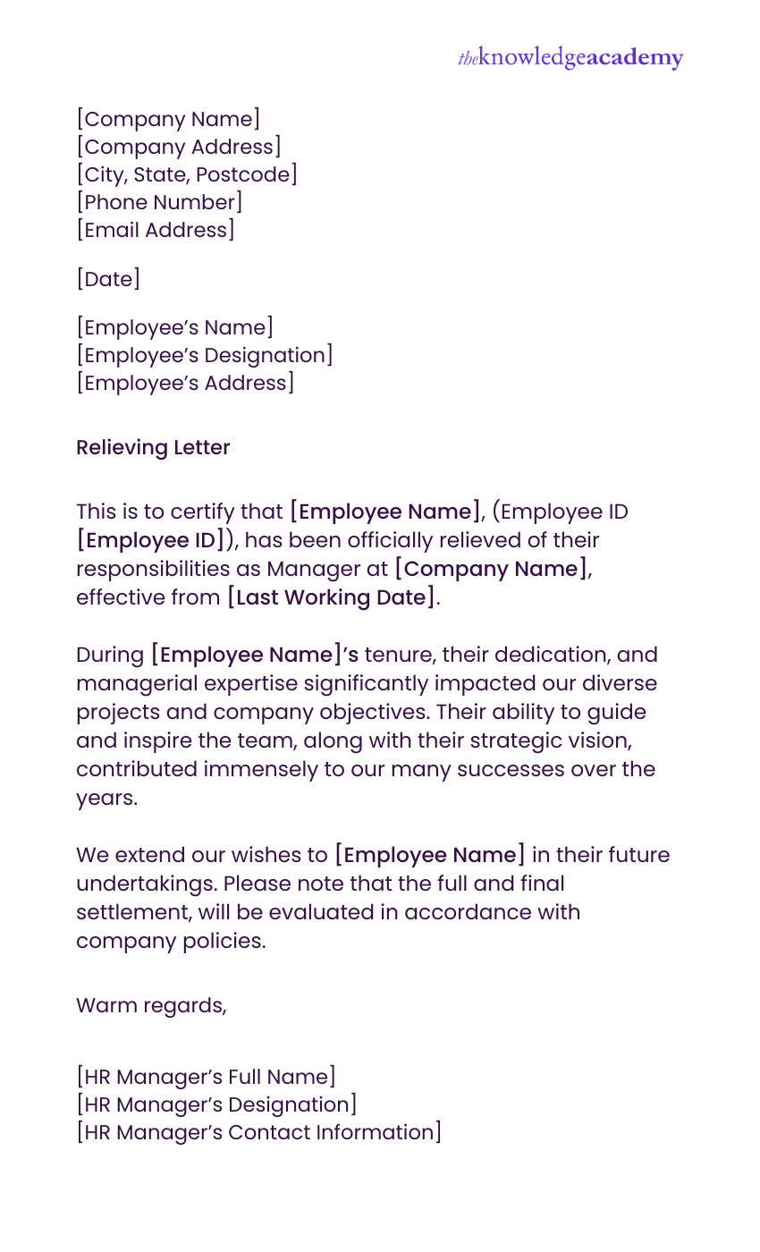 Relieving Letter Template for a Manager 