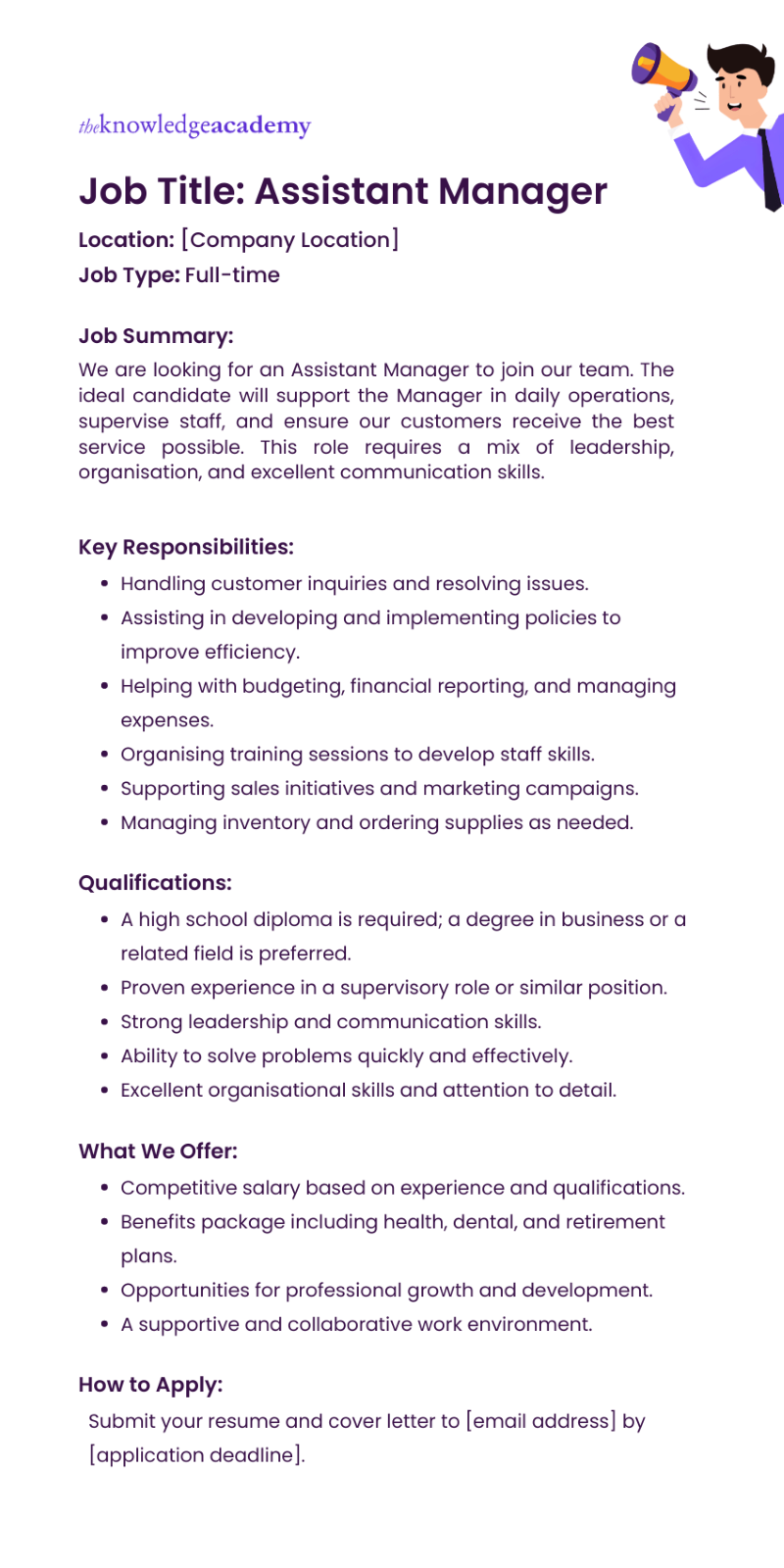 Template for Assistant Manager Job Description 