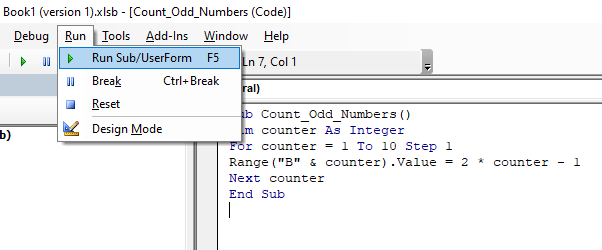 Running the code using from Run option